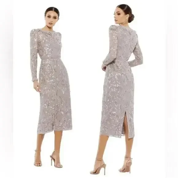 NWT Mac Duggal Sz‎ 4 93595 Embellished High Neck Puff Sleeve Fitted Dress $498